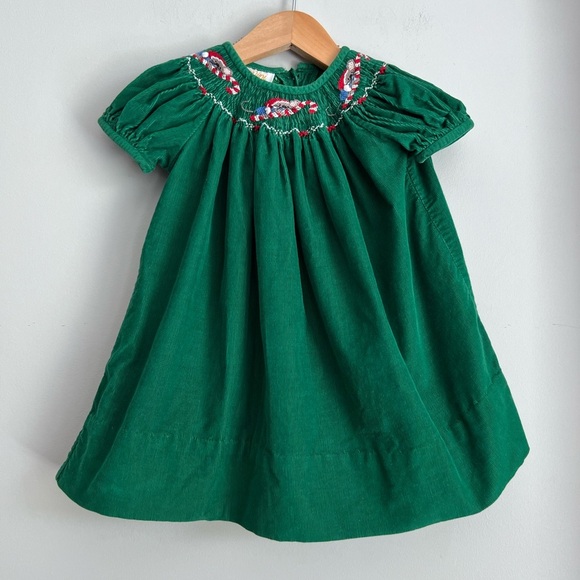 Anavini Smocked Christmas Dress Mice with Candy Canes Corduroy Puff Sleeve 24M - Picture 1 of 5